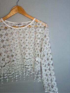 White Floral Crochet Lace Crop Top with Fringe